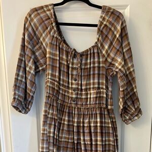 Madewell Brown and Tan Sundress with Bishop Sleeves and Crew Neck